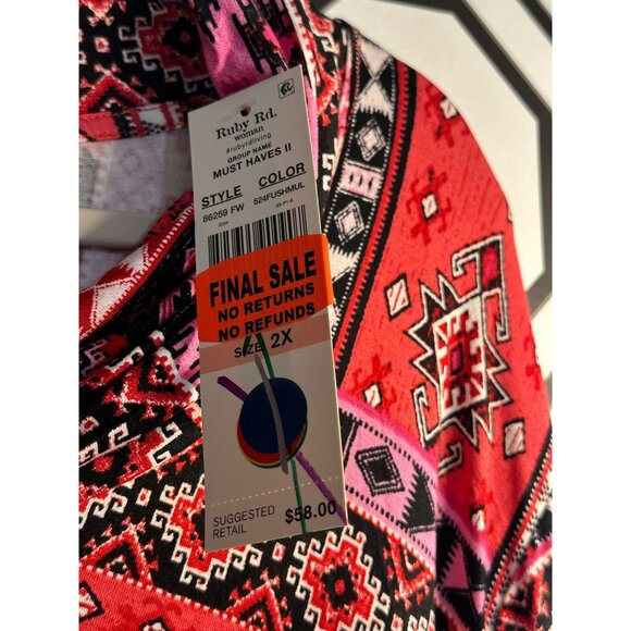 NWT Ruby Rd Womens 2X Cowl Neck Tunic Top 3/4 Sleeve Red Pink Stretchy 26"x28" - Picture 7 of 7